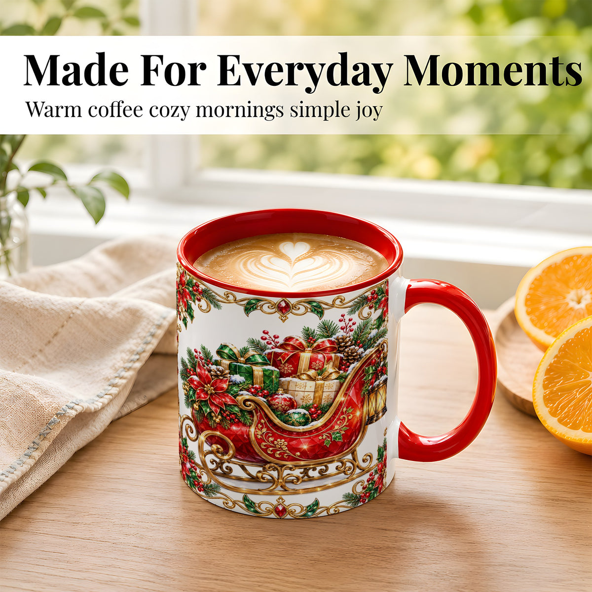 #pl[11oz|Red] Christmas Sleigh Coffee Mug, Jeweled Holiday Mug, Ceramic Cup