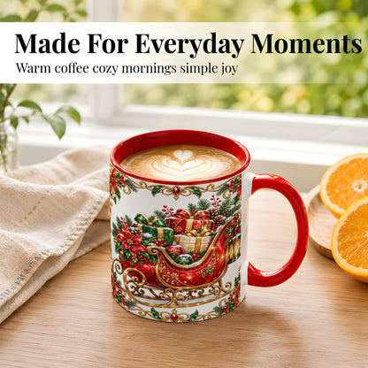 #pl[11oz|Red] Christmas Sleigh Coffee Mug, Jeweled Holiday Mug, Ceramic Cup