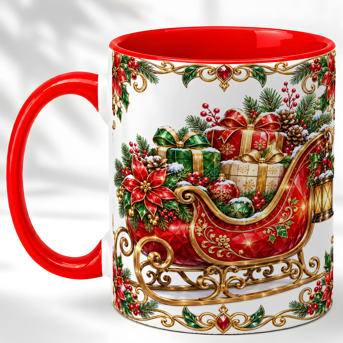 Christmas Sleigh Coffee Mug, Jeweled Holiday Mug, Ceramic Cup