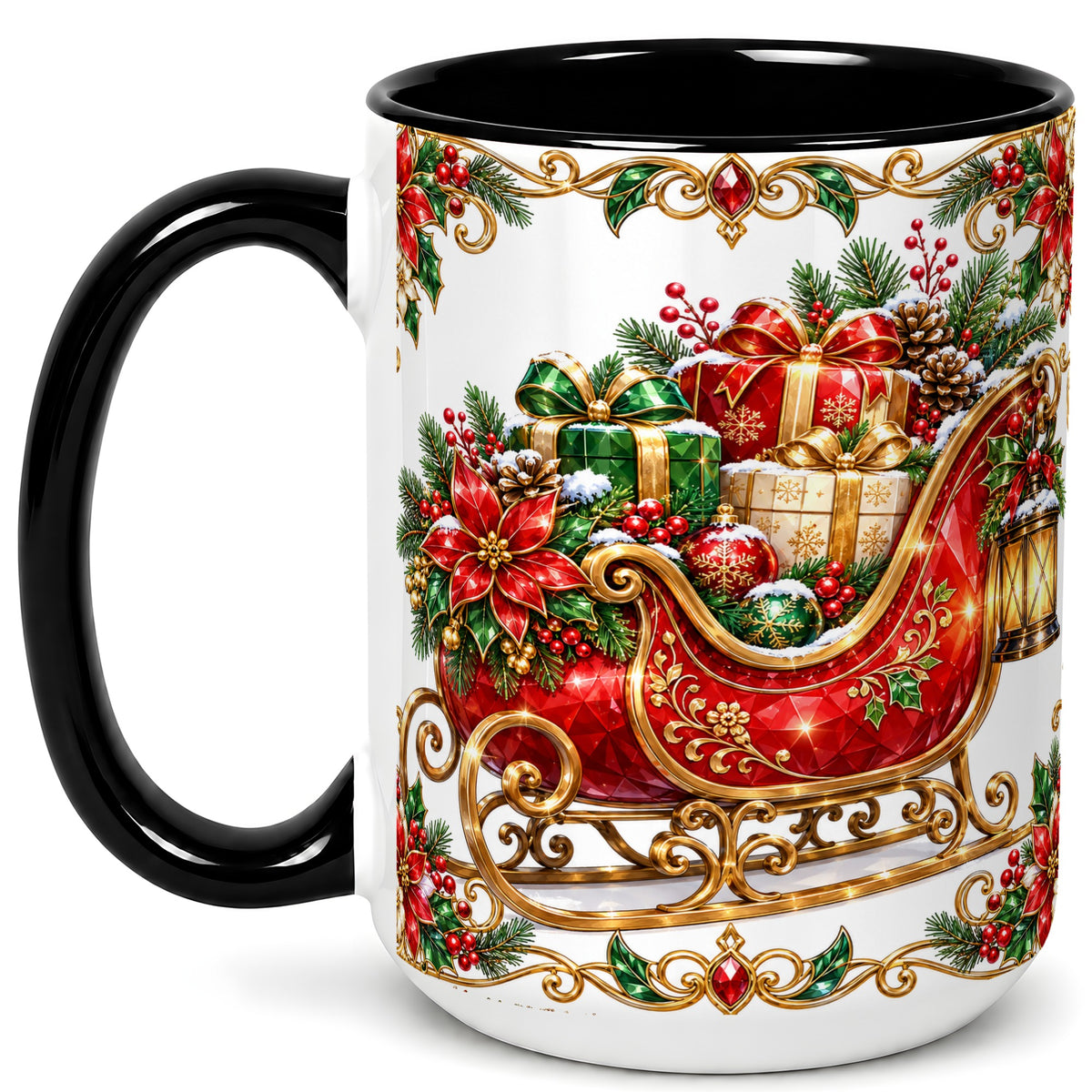 #pl[15oz|Black] Christmas Sleigh Coffee Mug, Jeweled Holiday Mug, Ceramic Cup