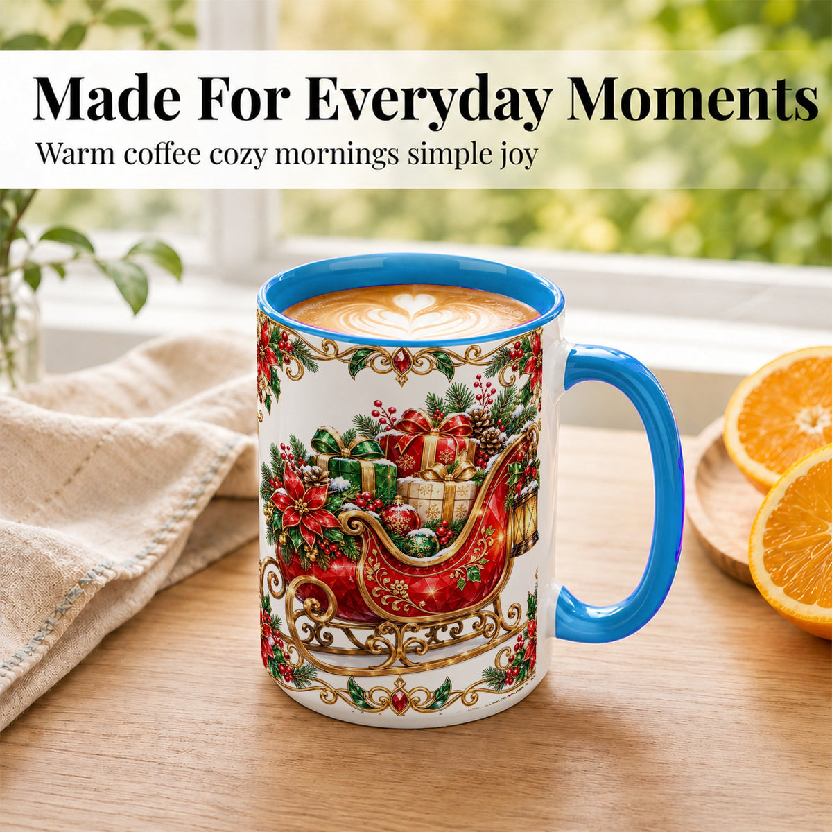 #pl[15oz|Blue] Christmas Sleigh Coffee Mug, Jeweled Holiday Mug, Ceramic Cup