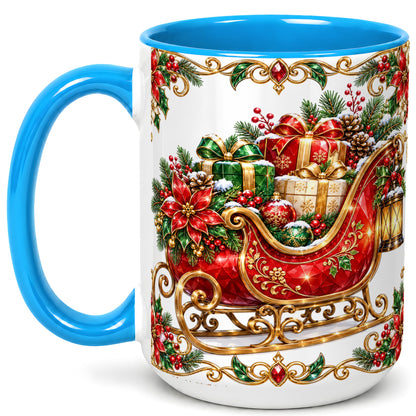 #pl[15oz|Blue] Christmas Sleigh Coffee Mug, Jeweled Holiday Mug, Ceramic Cup