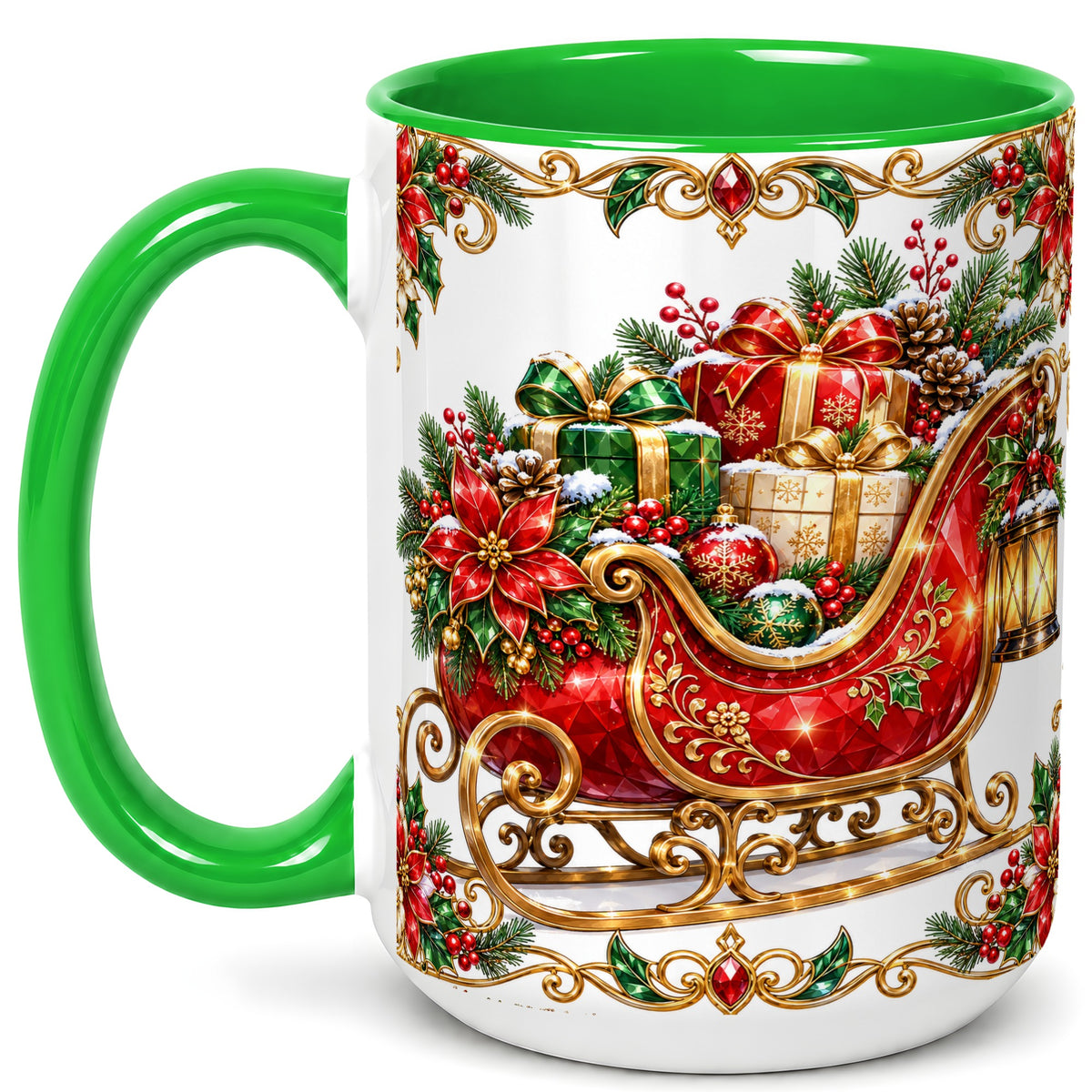 #pl[15oz|Green] Christmas Sleigh Coffee Mug, Jeweled Holiday Mug, Ceramic Cup