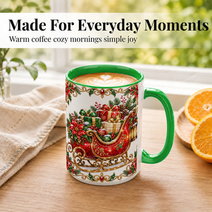 #pl[15oz|Green] Christmas Sleigh Coffee Mug, Jeweled Holiday Mug, Ceramic Cup