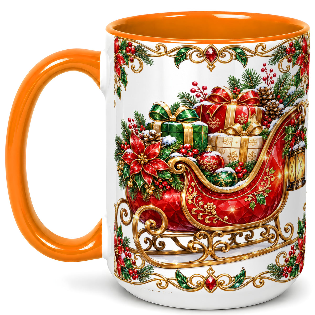 #pl[15oz|Orange] Christmas Sleigh Coffee Mug, Jeweled Holiday Mug, Ceramic Cup