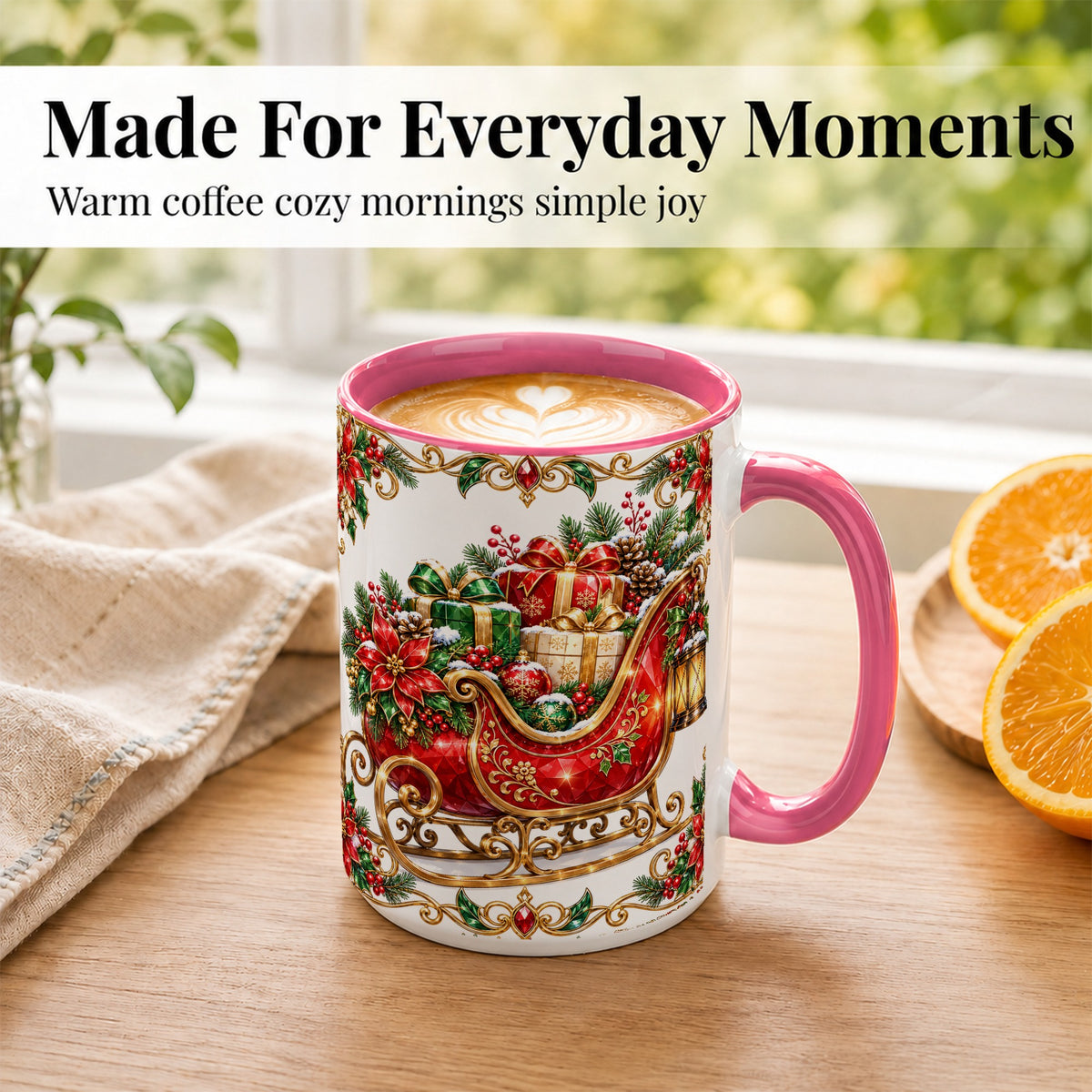 #pl[15oz|Pink] Christmas Sleigh Coffee Mug, Jeweled Holiday Mug, Ceramic Cup