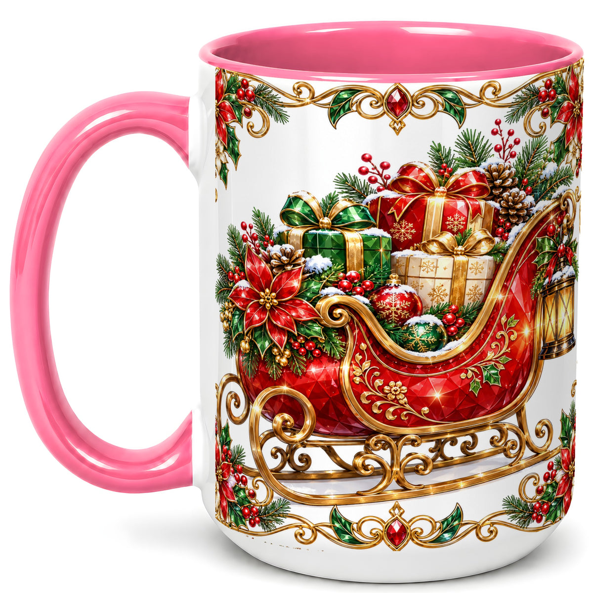 #pl[15oz|Pink] Christmas Sleigh Coffee Mug, Jeweled Holiday Mug, Ceramic Cup