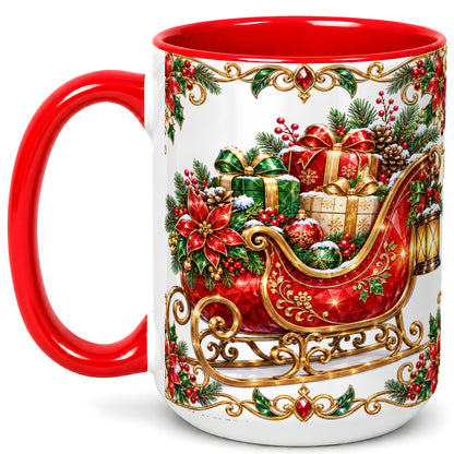#pl[15oz|Red] Christmas Sleigh Coffee Mug, Jeweled Holiday Mug, Ceramic Cup