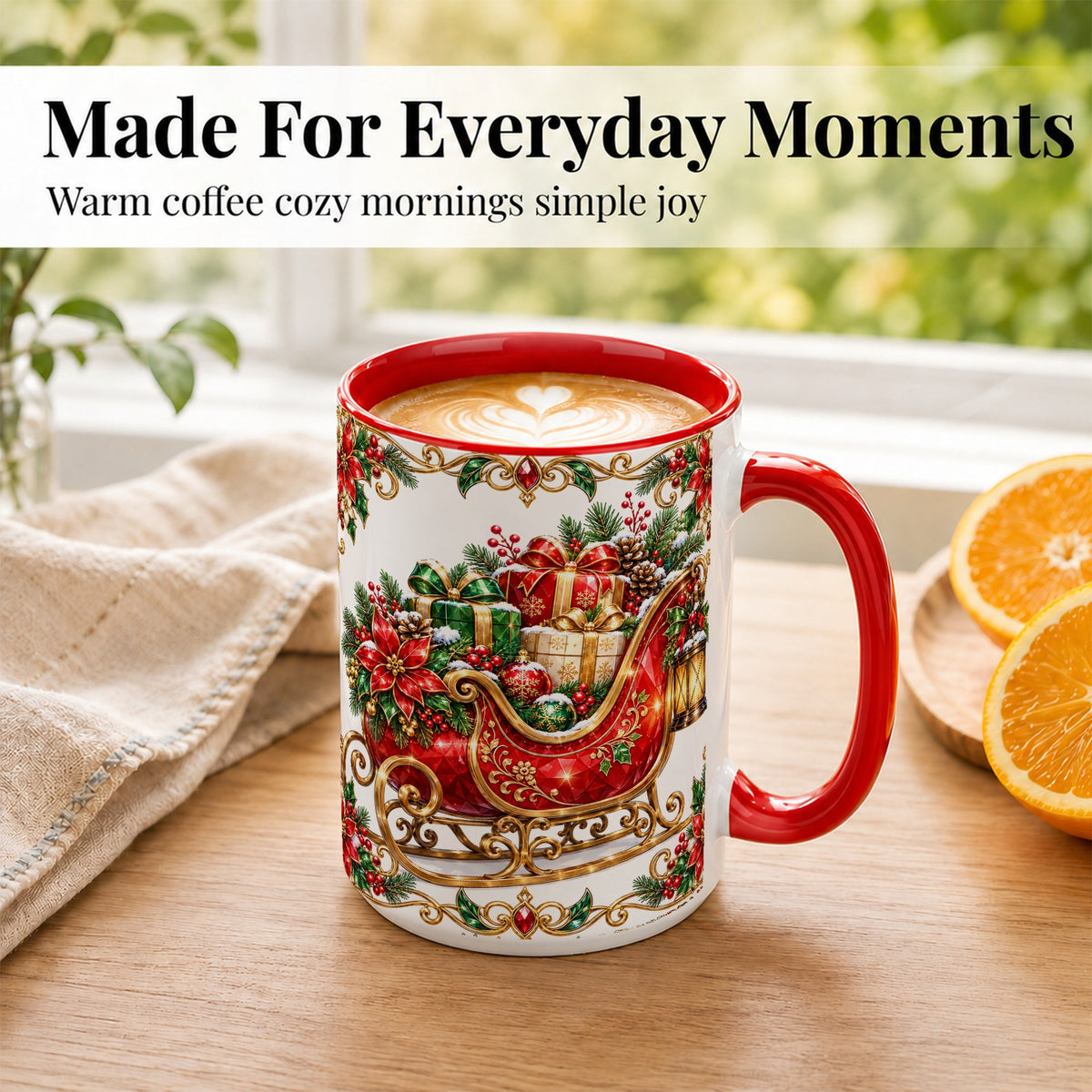 #pl[15oz|Red] Christmas Sleigh Coffee Mug, Jeweled Holiday Mug, Ceramic Cup