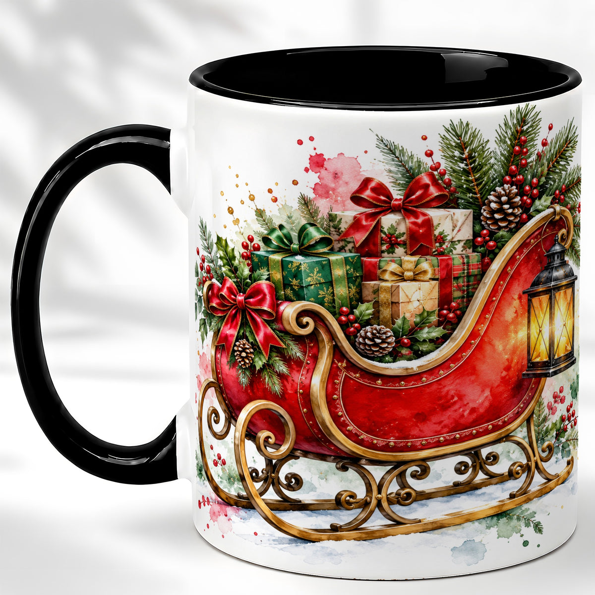 #pl[11oz|Black] Vintage Christmas Sleigh Coffee Mug, Holiday Mug, Ceramic Cup
