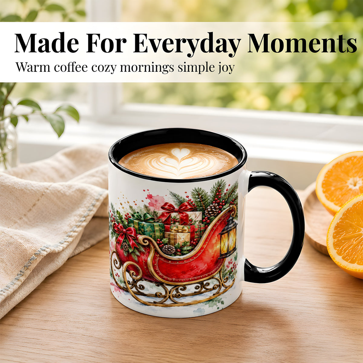 #pl[11oz|Black] Vintage Christmas Sleigh Coffee Mug, Holiday Mug, Ceramic Cup