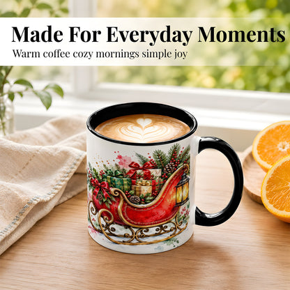 #pl[11oz|Black] Vintage Christmas Sleigh Coffee Mug, Holiday Mug, Ceramic Cup