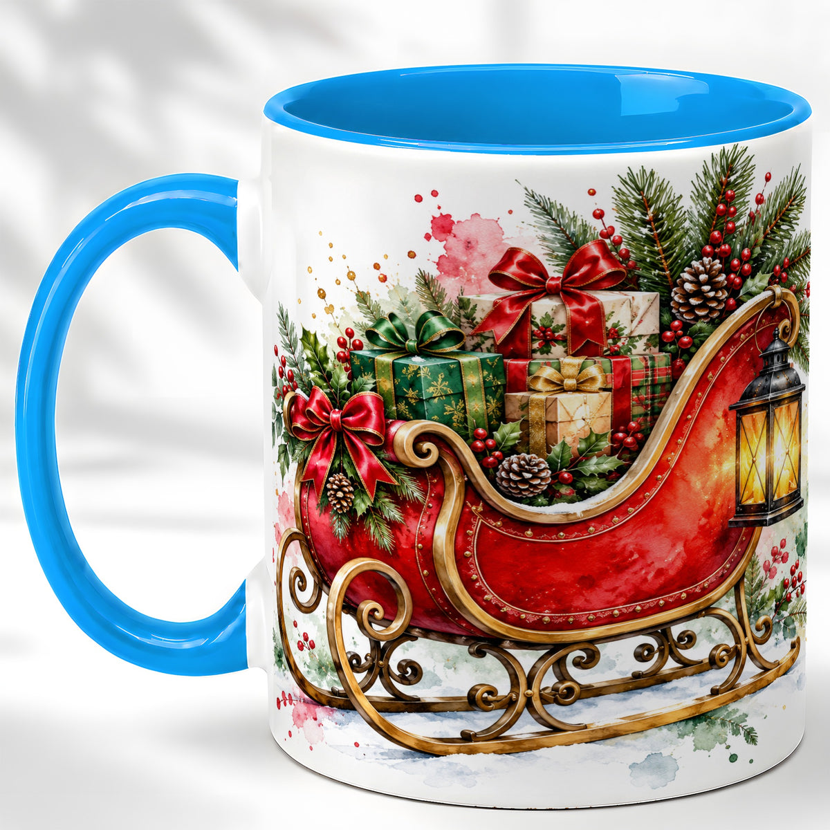 #pl[11oz|Blue] Vintage Christmas Sleigh Coffee Mug, Holiday Mug, Ceramic Cup