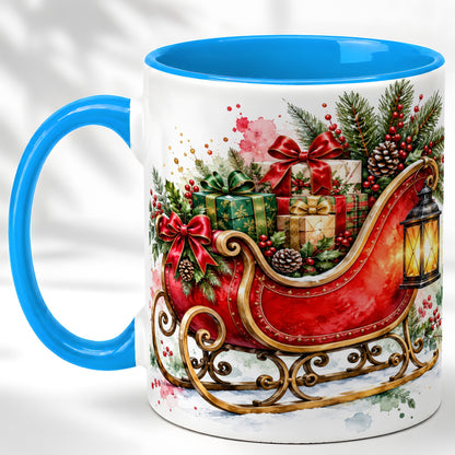 #pl[11oz|Blue] Vintage Christmas Sleigh Coffee Mug, Holiday Mug, Ceramic Cup