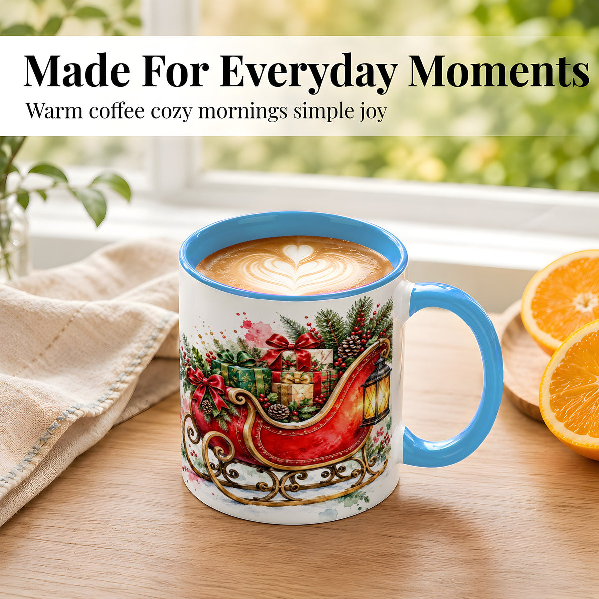 #pl[11oz|Blue] Vintage Christmas Sleigh Coffee Mug, Holiday Mug, Ceramic Cup