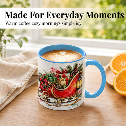 #pl[11oz|Blue] Vintage Christmas Sleigh Coffee Mug, Holiday Mug, Ceramic Cup