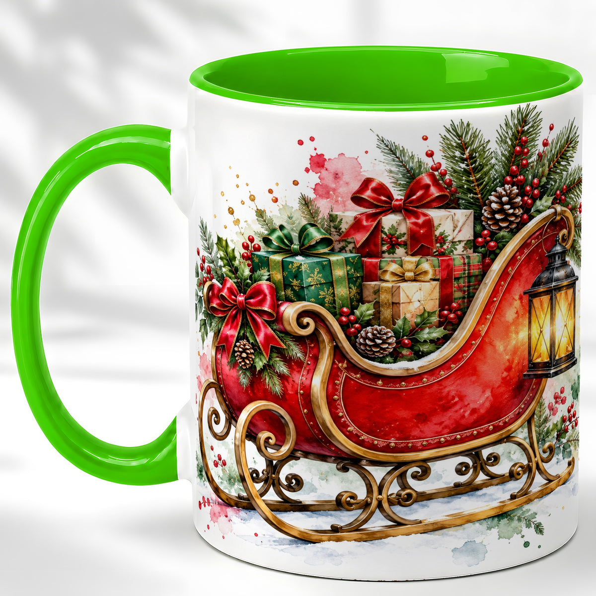 #pl[11oz|Green] Vintage Christmas Sleigh Coffee Mug, Holiday Mug, Ceramic Cup