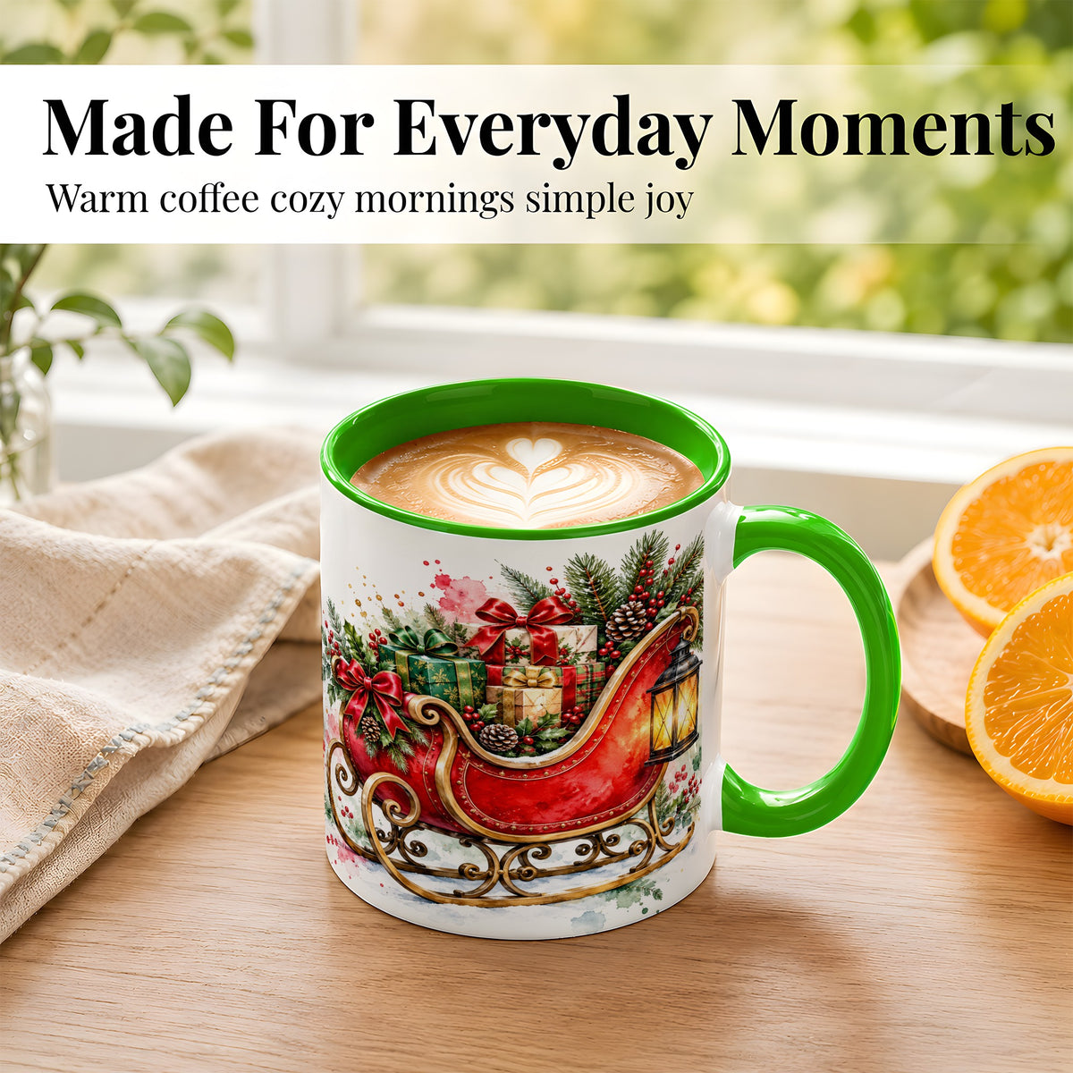 #pl[11oz|Green] Vintage Christmas Sleigh Coffee Mug, Holiday Mug, Ceramic Cup