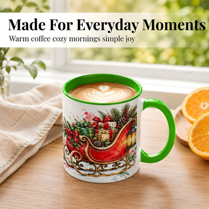#pl[11oz|Green] Vintage Christmas Sleigh Coffee Mug, Holiday Mug, Ceramic Cup