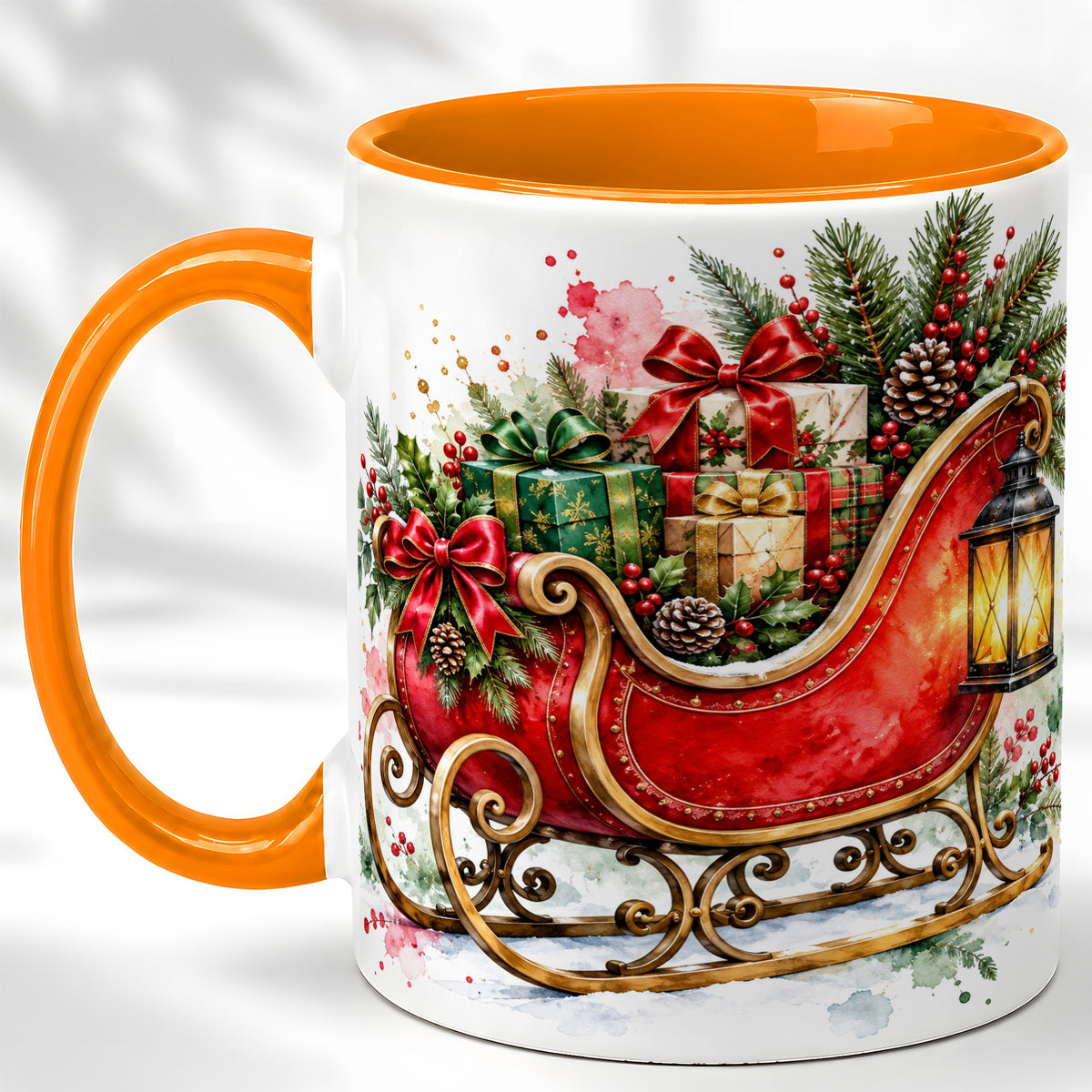 #pl[11oz|Orange] Vintage Christmas Sleigh Coffee Mug, Holiday Mug, Ceramic Cup