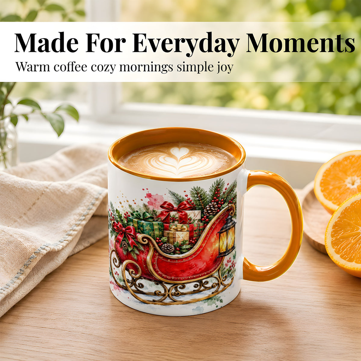 #pl[11oz|Orange] Vintage Christmas Sleigh Coffee Mug, Holiday Mug, Ceramic Cup