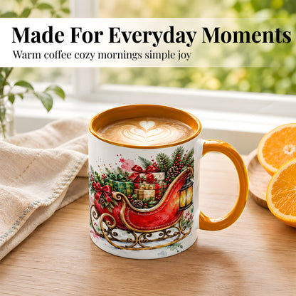 #pl[11oz|Orange] Vintage Christmas Sleigh Coffee Mug, Holiday Mug, Ceramic Cup