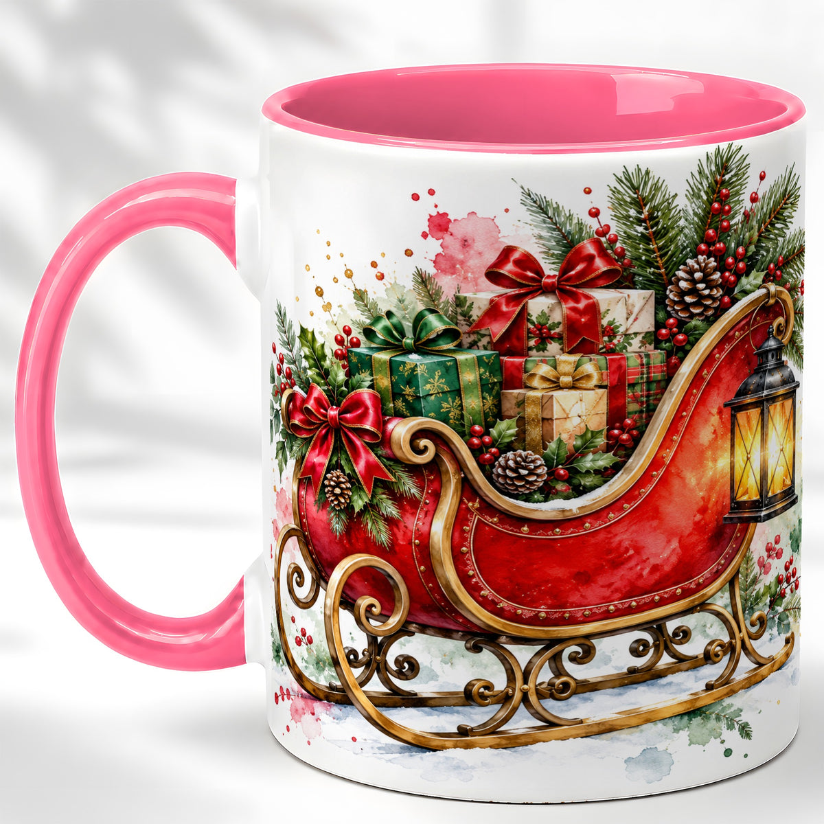 #pl[11oz|Pink] Vintage Christmas Sleigh Coffee Mug, Holiday Mug, Ceramic Cup