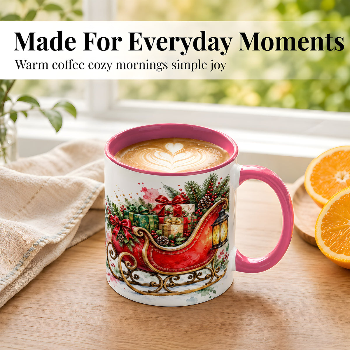 #pl[11oz|Pink] Vintage Christmas Sleigh Coffee Mug, Holiday Mug, Ceramic Cup
