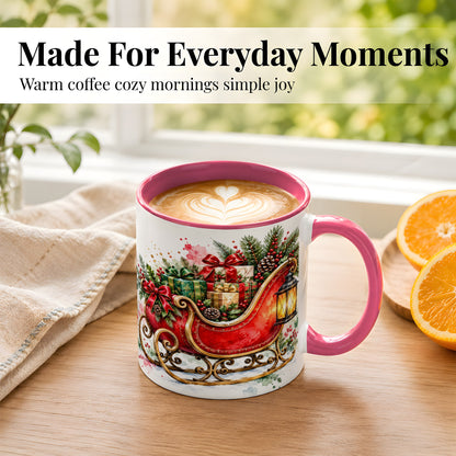 #pl[11oz|Pink] Vintage Christmas Sleigh Coffee Mug, Holiday Mug, Ceramic Cup
