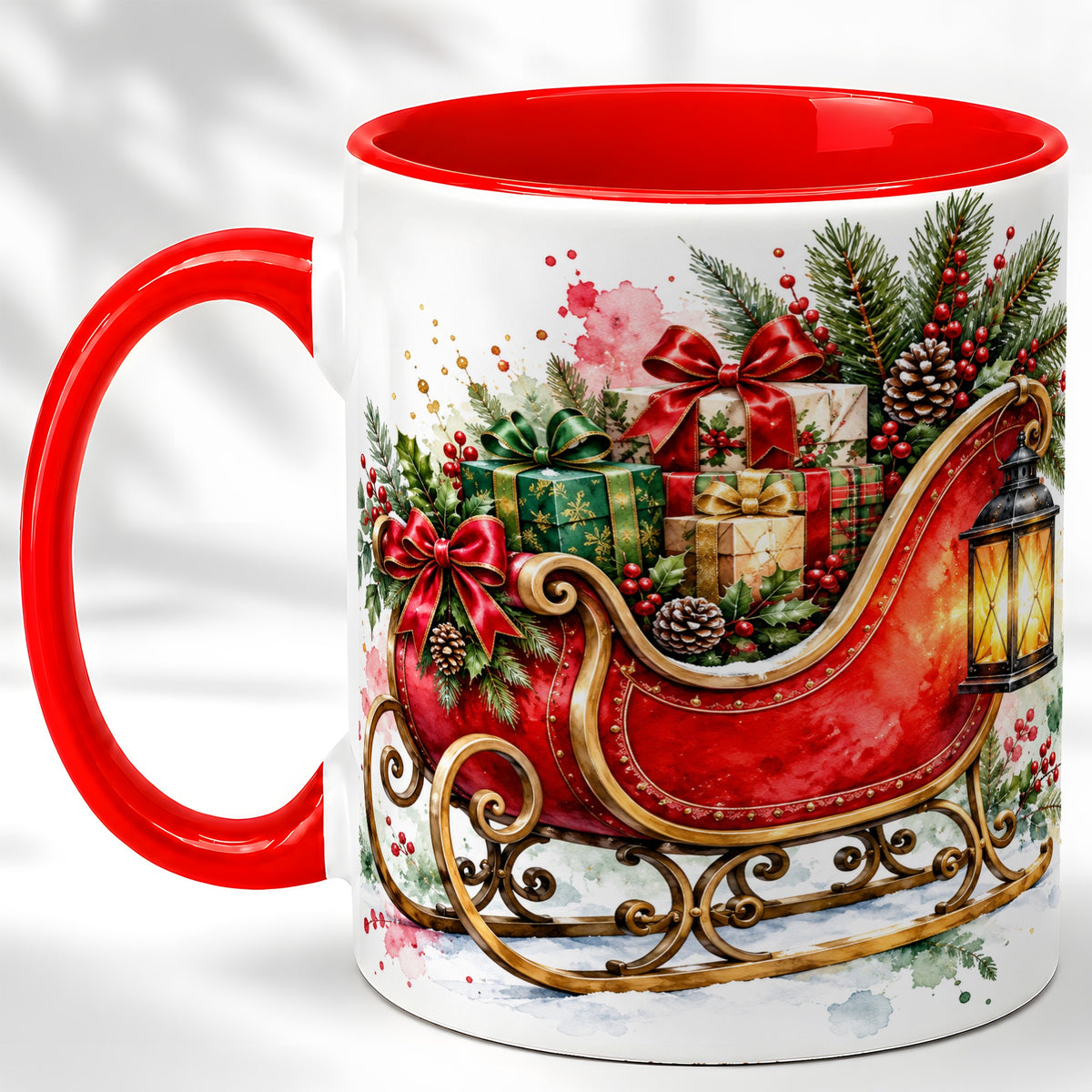 Vintage Christmas Sleigh Coffee Mug, Holiday Mug, Ceramic Cup