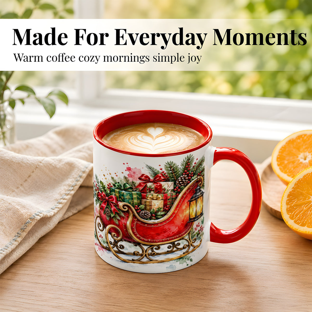 #pl[11oz|Red] Vintage Christmas Sleigh Coffee Mug, Holiday Mug, Ceramic Cup