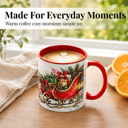 #pl[11oz|Red] Vintage Christmas Sleigh Coffee Mug, Holiday Mug, Ceramic Cup