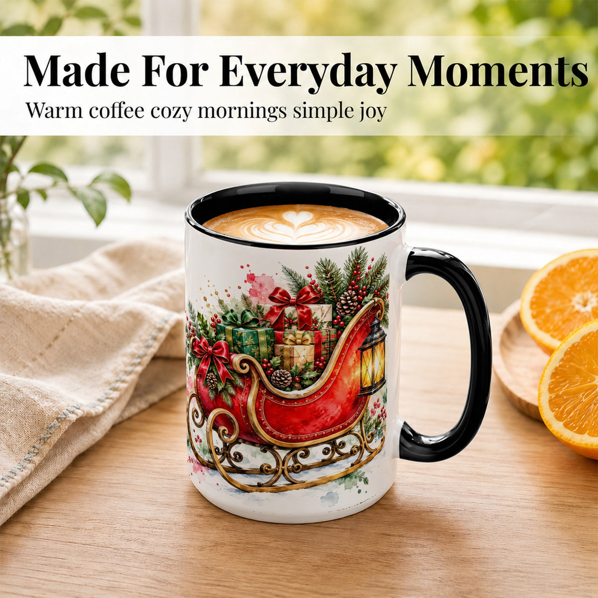 #pl[15oz|Black] Vintage Christmas Sleigh Coffee Mug, Holiday Mug, Ceramic Cup