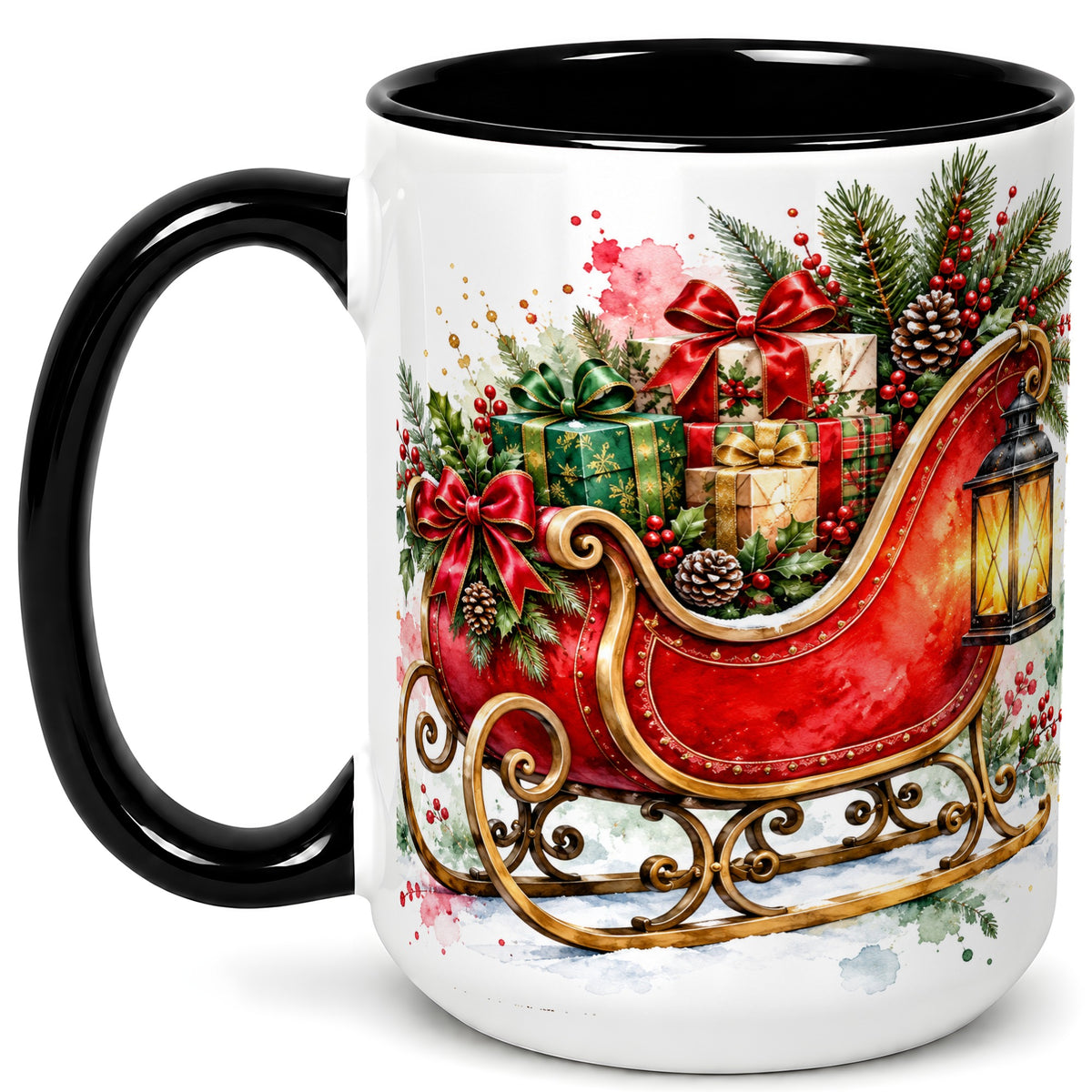 #pl[15oz|Black] Vintage Christmas Sleigh Coffee Mug, Holiday Mug, Ceramic Cup