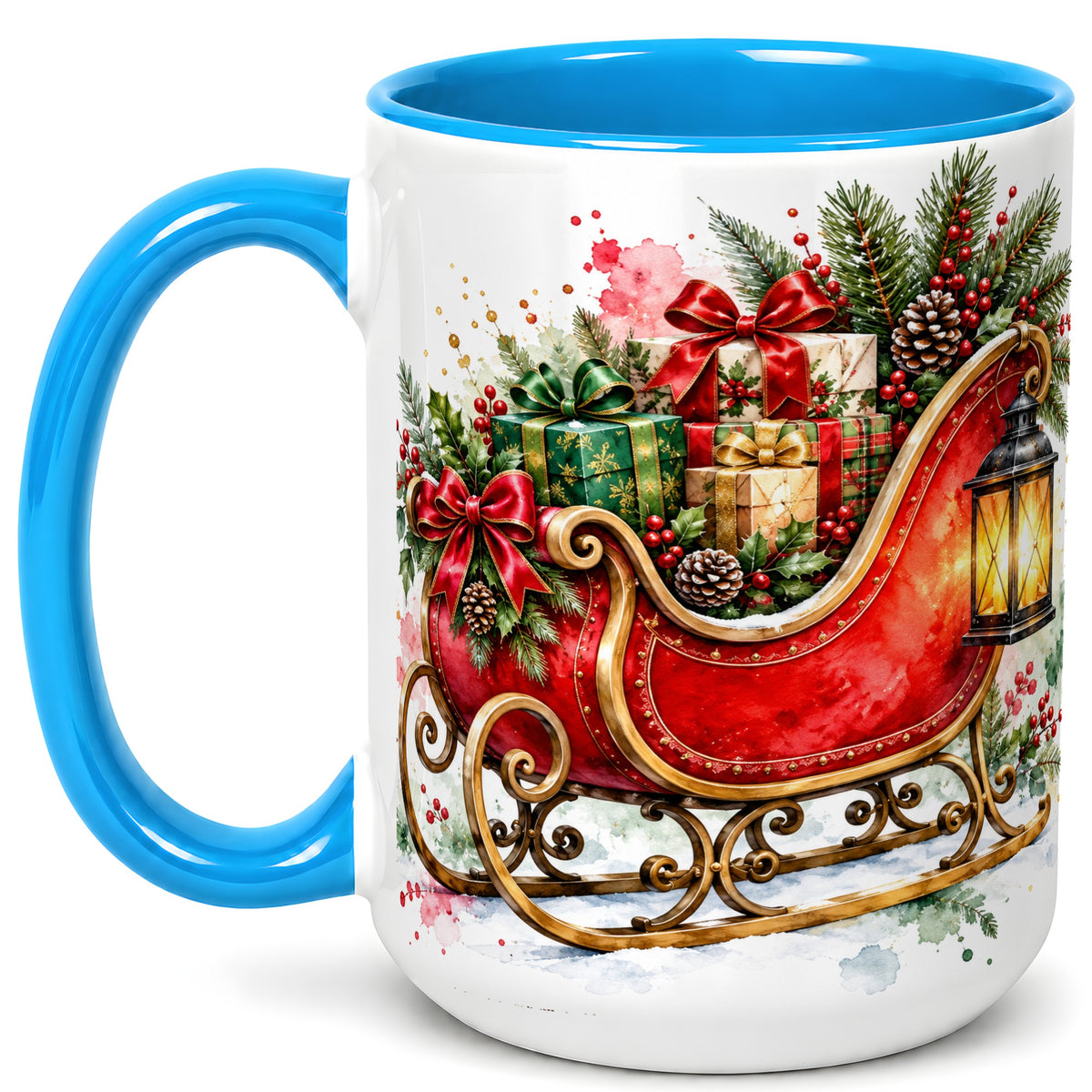 #pl[15oz|Blue] Vintage Christmas Sleigh Coffee Mug, Holiday Mug, Ceramic Cup