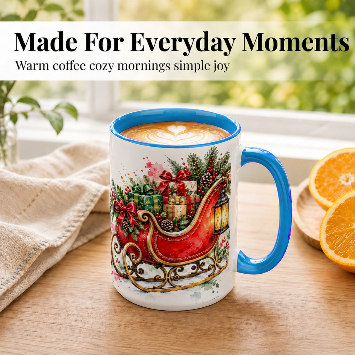 #pl[15oz|Blue] Vintage Christmas Sleigh Coffee Mug, Holiday Mug, Ceramic Cup