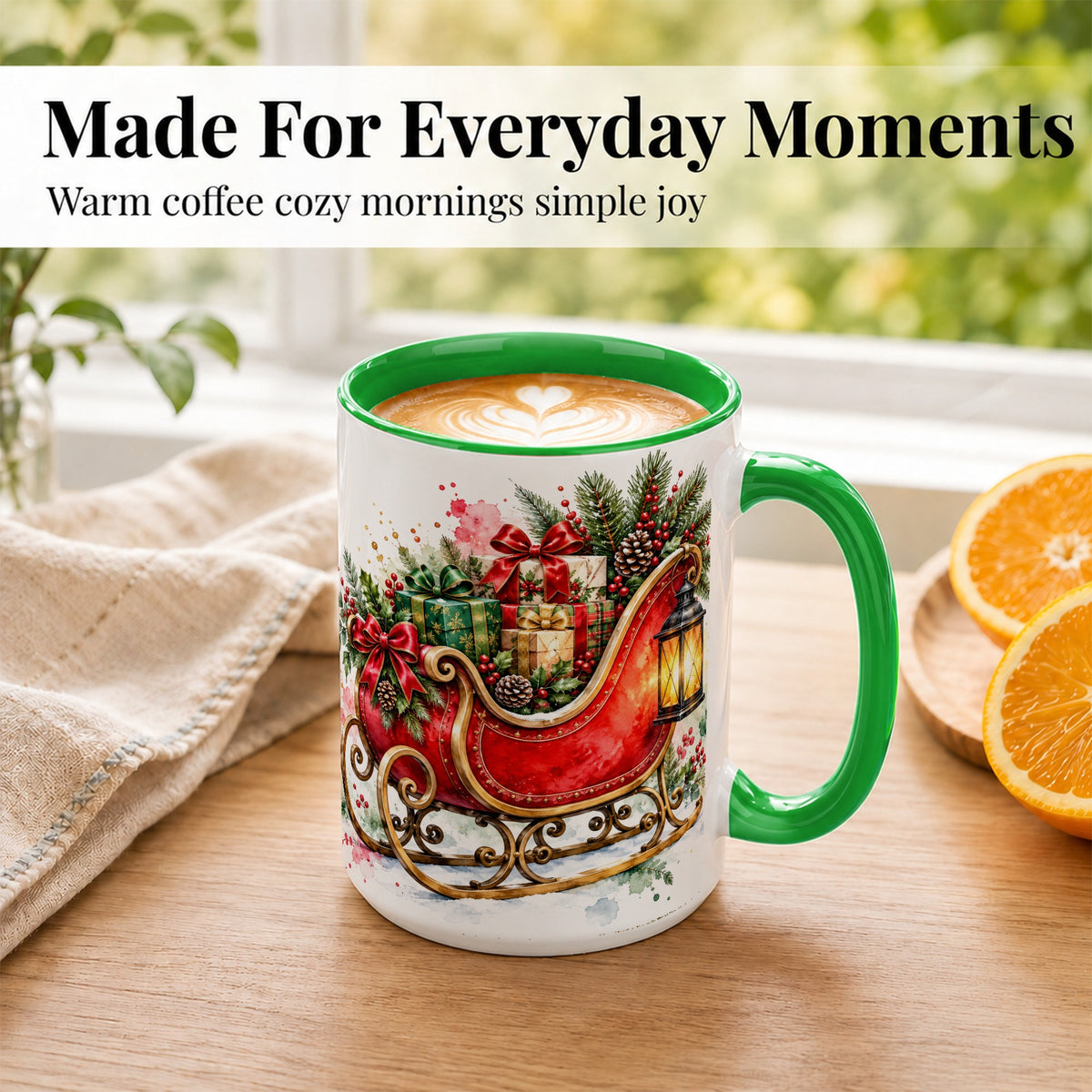 #pl[15oz|Green] Vintage Christmas Sleigh Coffee Mug, Holiday Mug, Ceramic Cup