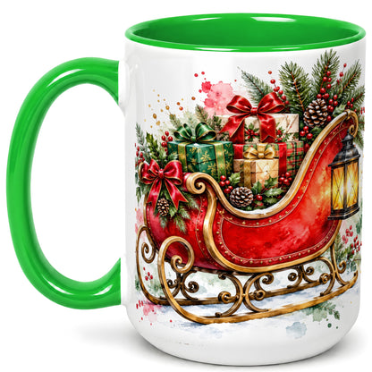 #pl[15oz|Green] Vintage Christmas Sleigh Coffee Mug, Holiday Mug, Ceramic Cup