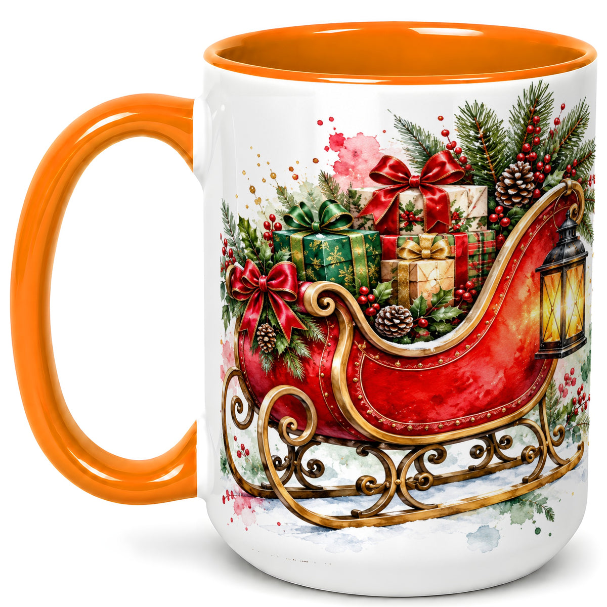 #pl[15oz|Orange] Vintage Christmas Sleigh Coffee Mug, Holiday Mug, Ceramic Cup