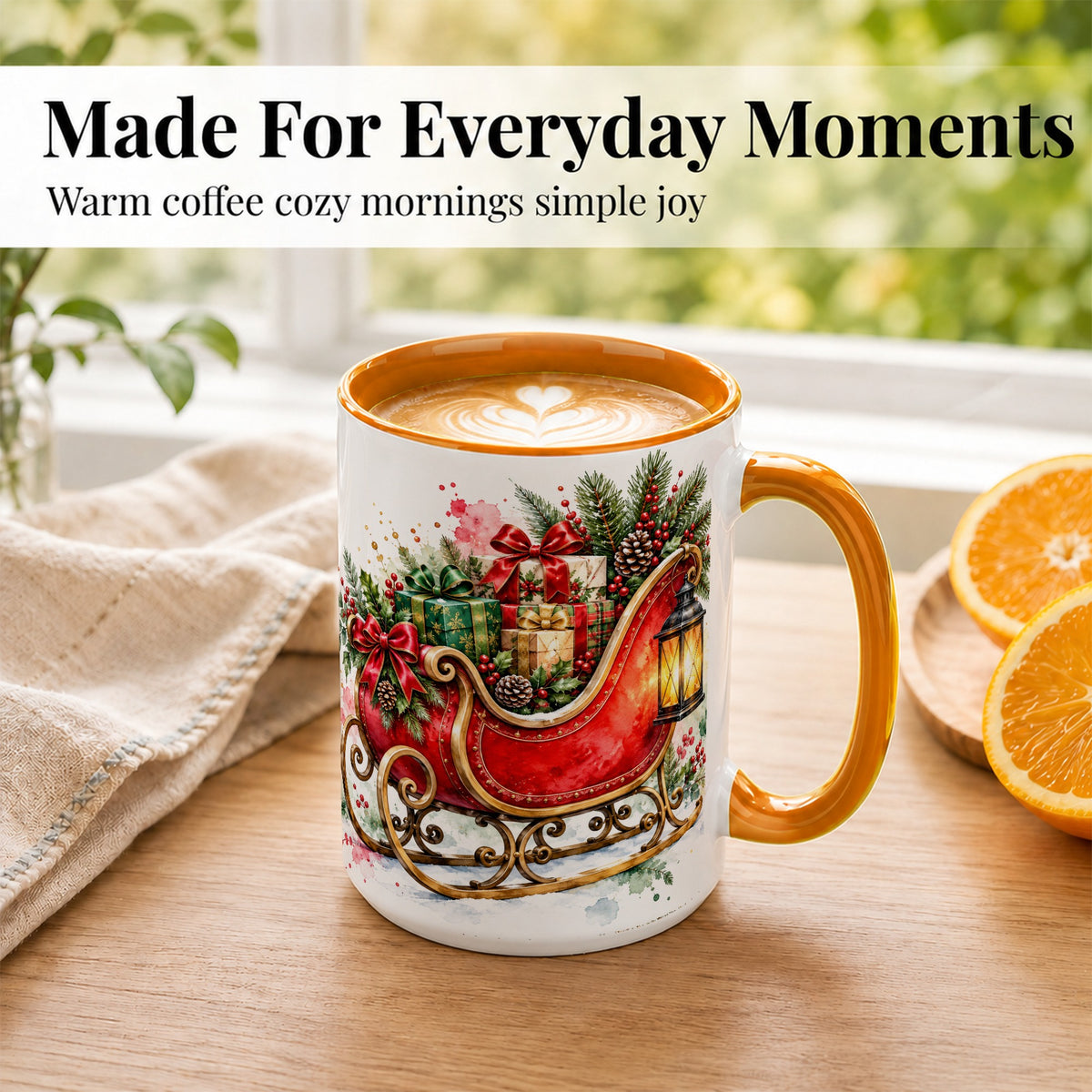 #pl[15oz|Orange] Vintage Christmas Sleigh Coffee Mug, Holiday Mug, Ceramic Cup