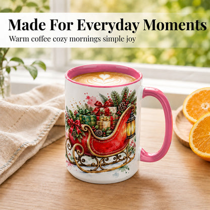 #pl[15oz|Pink] Vintage Christmas Sleigh Coffee Mug, Holiday Mug, Ceramic Cup