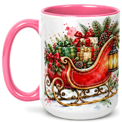 #pl[15oz|Pink] Vintage Christmas Sleigh Coffee Mug, Holiday Mug, Ceramic Cup