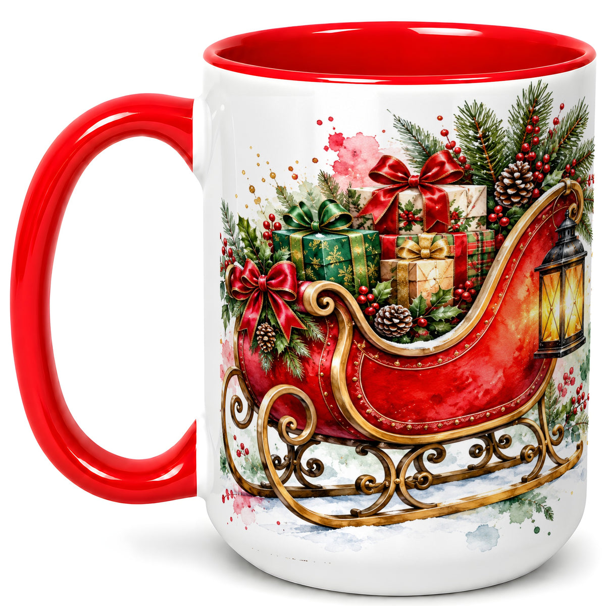 #pl[15oz|Red] Vintage Christmas Sleigh Coffee Mug, Holiday Mug, Ceramic Cup