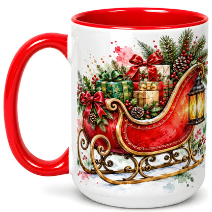 #pl[15oz|Red] Vintage Christmas Sleigh Coffee Mug, Holiday Mug, Ceramic Cup