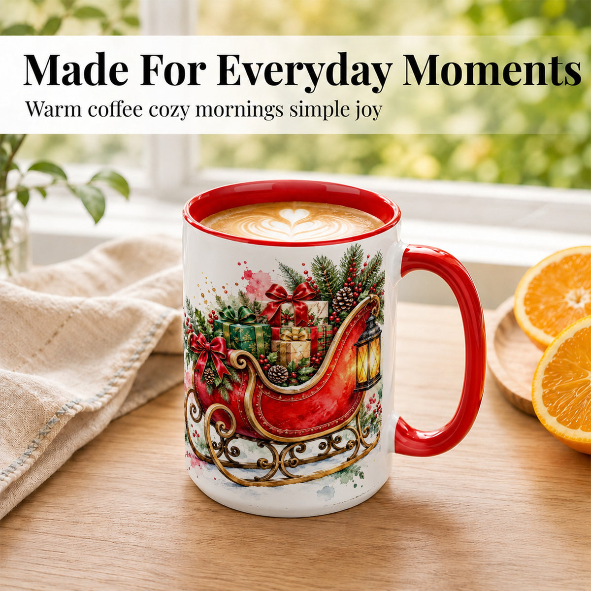 #pl[15oz|Red] Vintage Christmas Sleigh Coffee Mug, Holiday Mug, Ceramic Cup