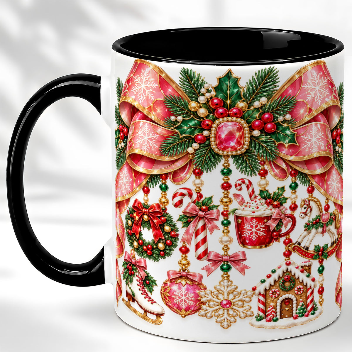 #pl[11oz|Black] Christmas Ribbon Coffee Mug, Hanging Ornament Mug, Ceramic Cup