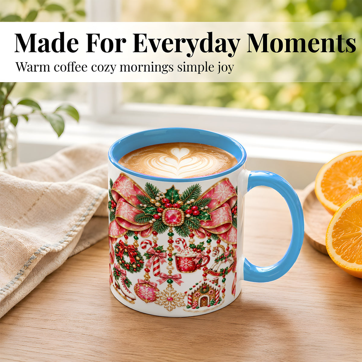 #pl[11oz|Blue] Christmas Ribbon Coffee Mug, Hanging Ornament Mug, Ceramic Cup