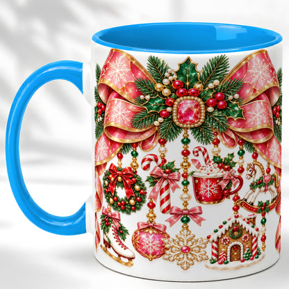 #pl[11oz|Blue] Christmas Ribbon Coffee Mug, Hanging Ornament Mug, Ceramic Cup