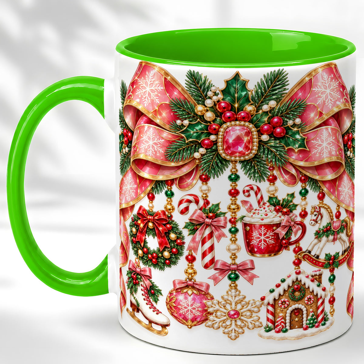 #pl[11oz|Green] Christmas Ribbon Coffee Mug, Hanging Ornament Mug, Ceramic Cup
