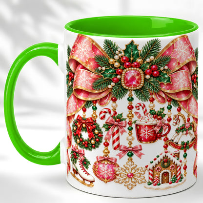 #pl[11oz|Green] Christmas Ribbon Coffee Mug, Hanging Ornament Mug, Ceramic Cup